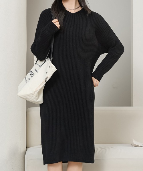 Lace Ladies(レースレディース)の「ソリッドカラー フーデット リブ ニット ワンピース(ワンピース・レディース・アイボリー/ブラック/キャメル・FREE)」の5枚目の写真