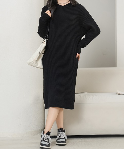 Lace Ladies(レースレディース)の「ソリッドカラー フーデット リブ ニット ワンピース(ワンピース・レディース・アイボリー/ブラック/キャメル・FREE)」の6枚目の写真