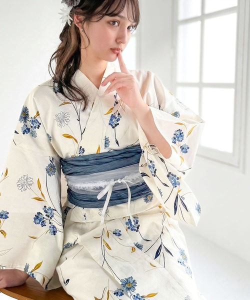 classicalelf（クラシカルエルフ）の「【新色３色追加！】【予約受付中/５月上旬入荷】【2点セット】甘く、上品に彩り添える。花柄モチーフ浴衣（浴衣・兵児帯）（浴衣・レディース・ブルー/ピンク/ブルー系その他/パープル/ブラック・ONE SIZE）」の3枚目の写真