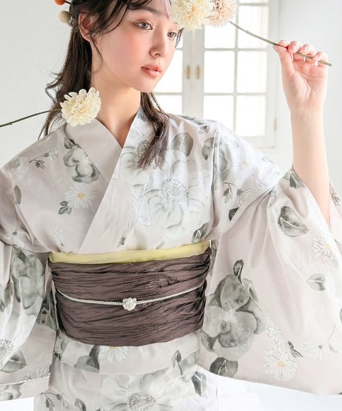 classicalelf（クラシカルエルフ）の「【新色３色追加！】【予約受付中/５月上旬入荷】【2点セット】甘く、上品に彩り添える。花柄モチーフ浴衣（浴衣・兵児帯）（浴衣・レディース・ブルー/ピンク/ブルー系その他/パープル/ブラック・ONE SIZE）」の2枚目の写真