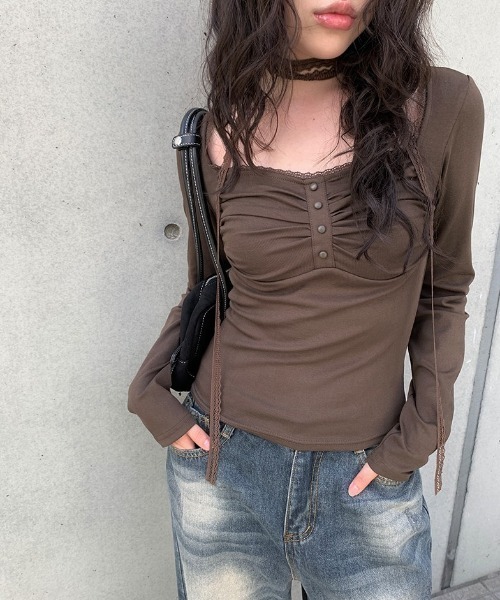 tシャツ シャーリングレースカットソー レディース MOUSSY | SHIRRING レーストップス (Tシャツ・カットソー(長袖
