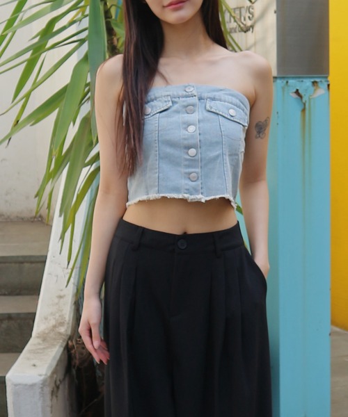 tinkerend(ティンカーエンド)の「Denim Tube Top / デニムチューブトップ ベアトップ(チューブトップ・レディース・ライトブルー/ブルー・FREE)」の5枚目の写真