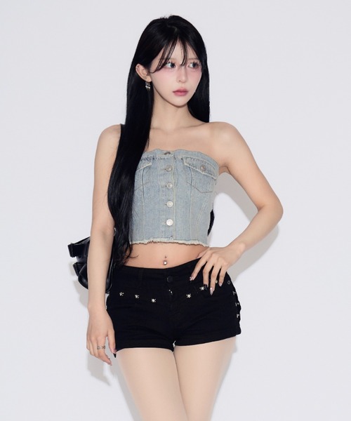 tinkerend(ティンカーエンド)の「Denim Tube Top / デニムチューブトップ ベアトップ(チューブトップ・レディース・ライトブルー/ブルー・FREE)」の15枚目の写真