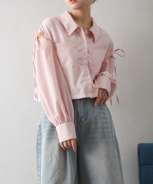 SpRay（スプレイ）の「肩リボンクロップドシャツ（シャツ/ブラウス・レディース・オフホワイト/ホワイト×ブラック/ブラック×ホワイト/サックスブルー/ブルー系その他/チャコールグレー/ブルー系その他2・FREE）」の10枚目の写真