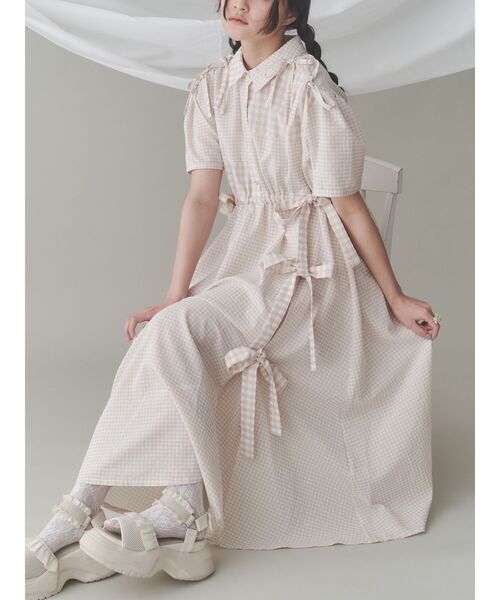 merry jenny(メリージェニー)の「ギンガムチェックリボンドロストワンピース(ワンピース・レディース・グレー/ベージュ/グリーン・FREE)」の1枚目の写真