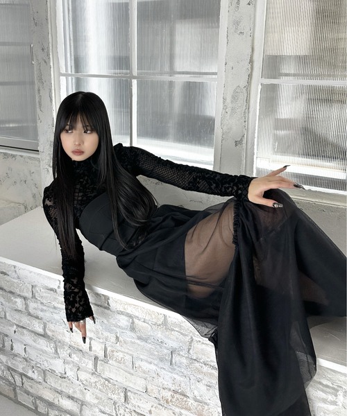 LVEU.(ラブユ.)の「【LVEU.】コルセットチュールワンピース / ワンピース ワンピ キャミワンピ コルセット チュール 切替 2way レースアップ ロング シアー ラメ ブラック(ワンピース・レディース・ブラック系その他/ブラック・FREE)」の5枚目の写真