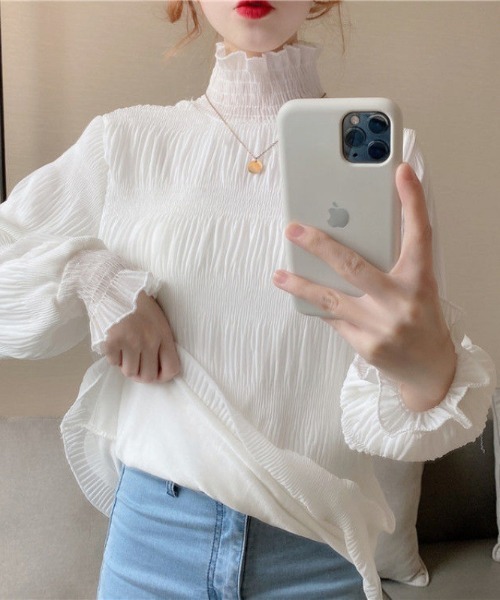 paravion(パラビオン)の「シャーリングハイネックシアー(シャツ/ブラウス・レディース・ブラック/ホワイト・FREE)」の3枚目の写真