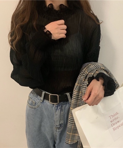 paravion(パラビオン)の「シャーリングハイネックシアー(シャツ/ブラウス・レディース・ブラック/ホワイト・FREE)」の9枚目の写真