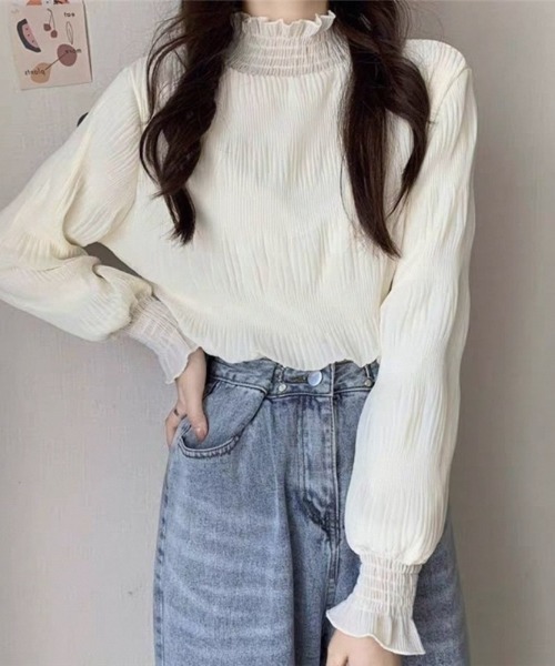 paravion(パラビオン)の「シャーリングハイネックシアー(シャツ/ブラウス・レディース・ブラック/ホワイト・FREE)」の4枚目の写真