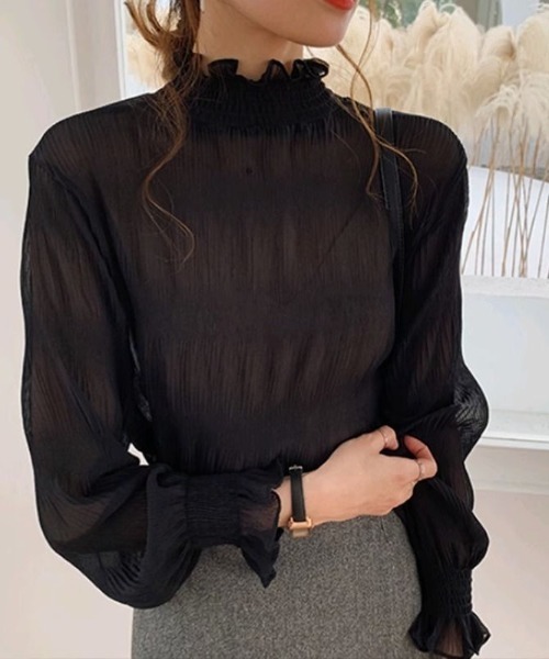 paravion(パラビオン)の「シャーリングハイネックシアー(シャツ/ブラウス・レディース・ブラック/ホワイト・FREE)」の11枚目の写真