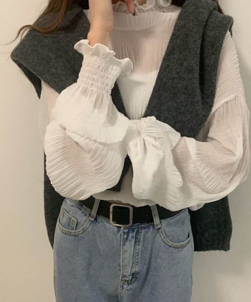 paravion(パラビオン)の「シャーリングハイネックシアー(シャツ/ブラウス・レディース・ブラック/ホワイト・FREE)」の6枚目の写真