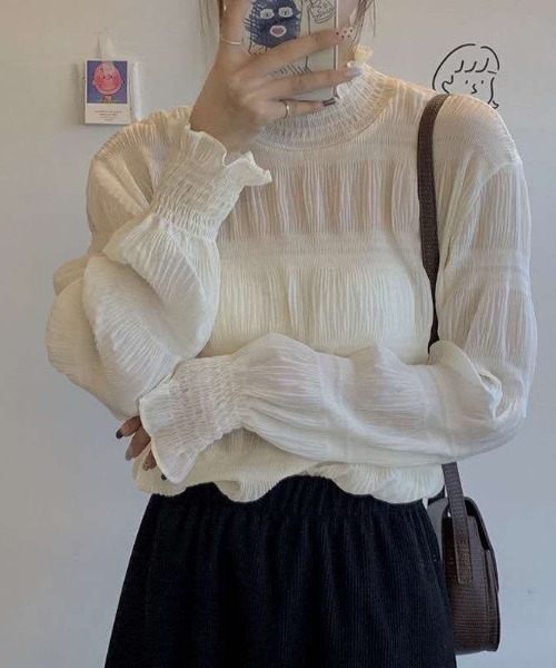 paravion(パラビオン)の「シャーリングハイネックシアー(シャツ/ブラウス・レディース・ブラック/ホワイト・FREE)」の7枚目の写真