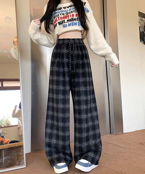 LAFFMO（ラフモ）の「チェックワイドイージーパンツ（その他パンツ・レディース・ネイビー/ブラック・L/M）」の5枚目の写真