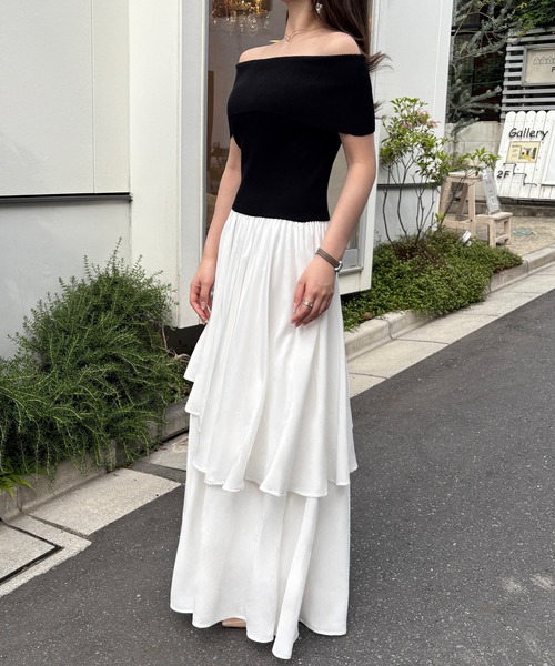 セール】丈長めオフショルニットドッキングイレヘムワンピース
