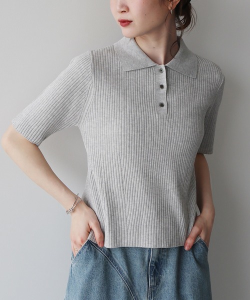 earth music&ecology（アースミュージックアンドエコロジー）の「半袖ポロニットプルオーバー（ニット/セーター・レディース・レッド/ライトグレー/ブラック/グリーン系その他2/アイボリー・FREE）」の4枚目の写真