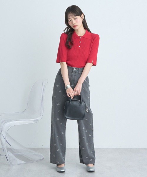 earth music&ecology（アースミュージックアンドエコロジー）の「半袖ポロニットプルオーバー（ニット/セーター・レディース・レッド/ライトグレー/ブラック/グリーン系その他2/アイボリー・FREE）」の14枚目の写真