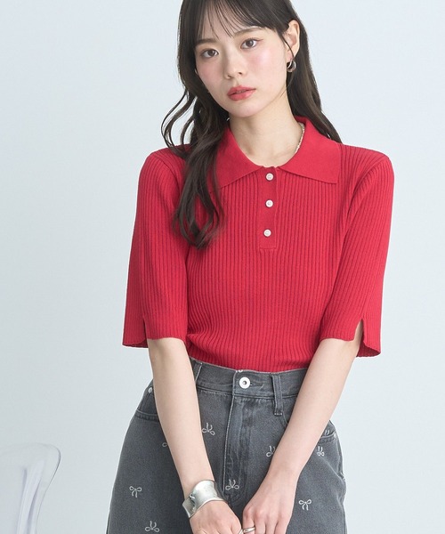 earth music&ecology（アースミュージックアンドエコロジー）の「半袖ポロニットプルオーバー（ニット/セーター・レディース・レッド/ライトグレー/ブラック/グリーン系その他2/アイボリー・FREE）」の10枚目の写真