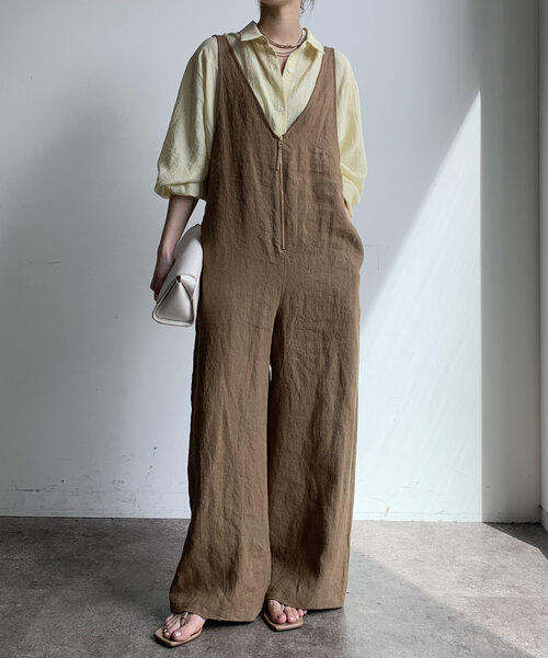 DouDou リネン フロントジップ サロペット ブラック DouDou リネン フロントジップ サロペット ブラック DouDou リネン