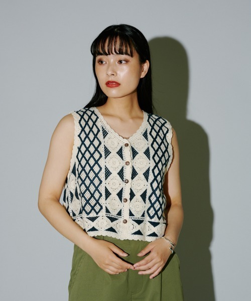 TTT_MSW クロシェ　ベスト　22SS 22SS TTT_MSW ティー クロシェ編み ハンドメイド ニット ベスト