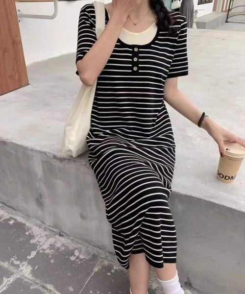 セール】重ね着風ヘンリーネックワンピース（ワンピース）｜LOULOU