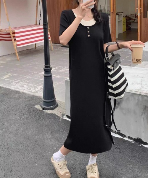 セール】重ね着風ヘンリーネックワンピース（ワンピース）｜LOULOU