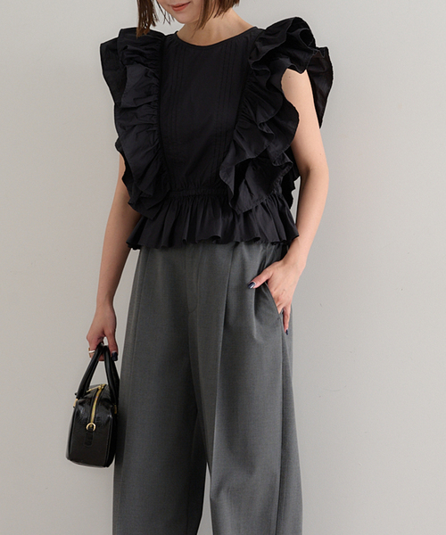 U by SPICK&SPAN（ユーバイスピックアンドスパン）の「コットンフリルピンタックブラウス（シャツ/ブラウス・レディース・ホワイト/ブラック・FREE）」の8枚目の写真