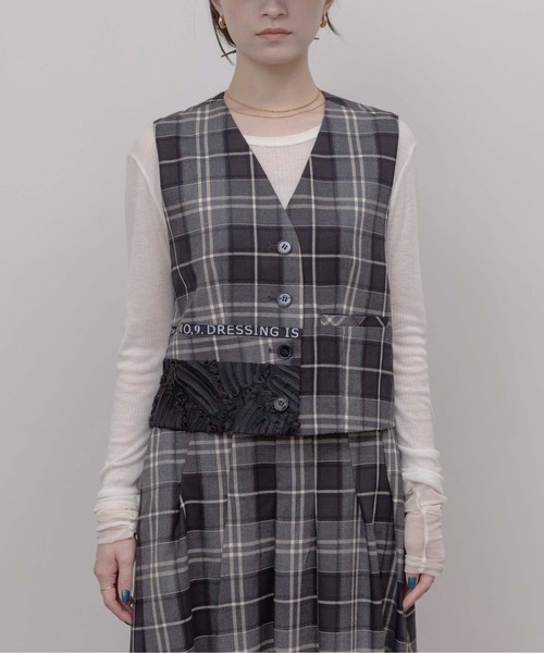エイミーロウ Eimee Law ロゴテープチェックベスト 84311F-2 チェック ベスト ロゴテープ 秋ファッション レイヤード ショート丈 テープ刺繍 CHARCOALGRAY Eimee Law エイミーロウ ロゴテープチェックベスト 84311F-2