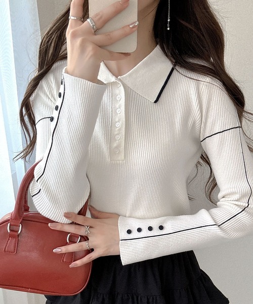 mily bilet(ミウィビレット)の「【mily bilet】配色ラインがポイント♪上品なポロ襟リブニット(ニット/セーター・レディース・バーガンディー/ブラウン/アイボリー/グレー・MEDIUM/LARGE/X-LARGE/SMALL)」の12枚目の写真