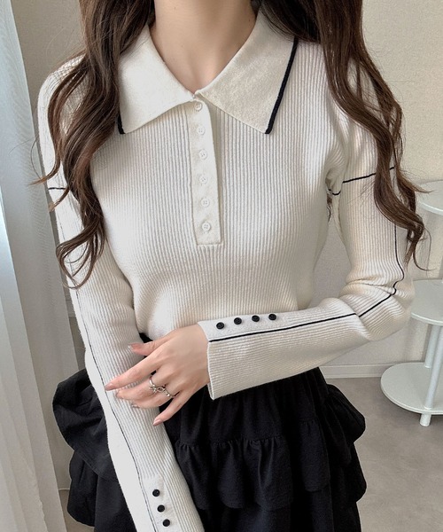 mily bilet(ミウィビレット)の「【mily bilet】配色ラインがポイント♪上品なポロ襟リブニット(ニット/セーター・レディース・バーガンディー/ブラウン/アイボリー/グレー・MEDIUM/LARGE/X-LARGE/SMALL)」の7枚目の写真