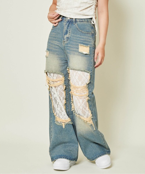 GORGE（ゴージ）の「《レース×クラッシュ加工》レディース ワイドデニムパンツ 個性派 映え 春夏秋冬（デニムパンツ・レディース・ライトブルー/オフホワイト/ブルー系その他・S/M）」の3枚目の写真
