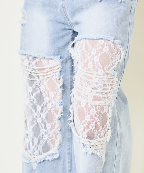 GORGE（ゴージ）の「《レース×クラッシュ加工》レディース ワイドデニムパンツ 個性派 映え 春夏秋冬（デニムパンツ・レディース・ライトブルー/オフホワイト/ブルー系その他・S/M）」の5枚目の写真
