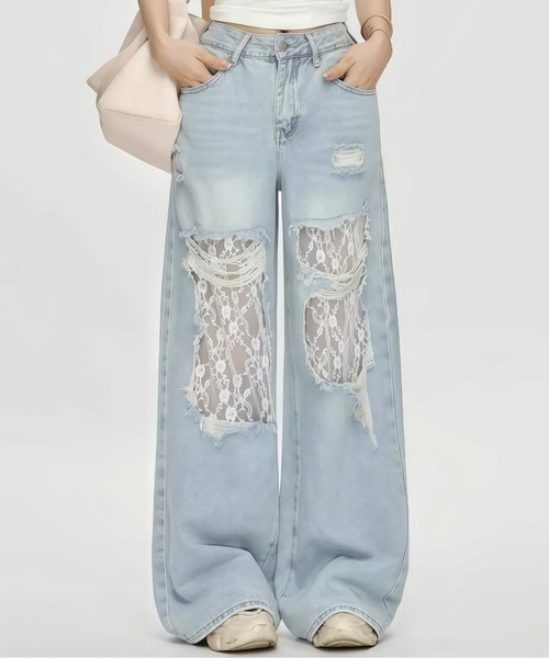 GORGE（ゴージ）の「《レース×クラッシュ加工》レディース ワイドデニムパンツ 個性派 映え 春夏秋冬（デニムパンツ・レディース・ライトブルー/オフホワイト/ブルー系その他・S/M）」の6枚目の写真