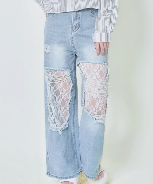 GORGE（ゴージ）の「《レース×クラッシュ加工》レディース ワイドデニムパンツ 個性派 映え 春夏秋冬（デニムパンツ・レディース・ライトブルー/オフホワイト/ブルー系その他・S/M）」の8枚目の写真
