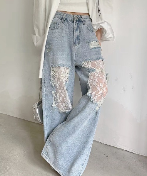 GORGE（ゴージ）の「《レース×クラッシュ加工》レディース ワイドデニムパンツ 個性派 映え 春夏秋冬（デニムパンツ・レディース・ライトブルー/オフホワイト/ブルー系その他・S/M）」の10枚目の写真