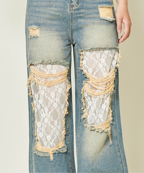 GORGE（ゴージ）の「《レース×クラッシュ加工》レディース ワイドデニムパンツ 個性派 映え 春夏秋冬（デニムパンツ・レディース・ライトブルー/オフホワイト/ブルー系その他・S/M）」の14枚目の写真