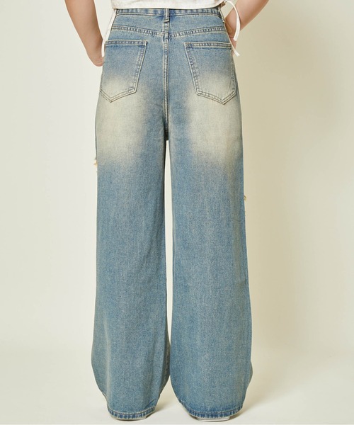 【美品】Curensology &RC セルビッチクラッシュデニムパンツ36 セール】《レース×クラッシュ加工》レディース ワイドデニム