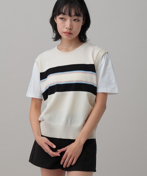 3.3 Field Trip (3.3フィールドトリップ)の「3.3 Field Trip/ボーダーベスト付きTシャツ(Tシャツ/カットソー・レディース・ブラック/グレー/ホワイト・FREE)」の1枚目の写真