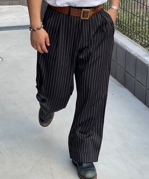 MandO（Auntie Rosa）（エムオー）の「ストライプ&無地ベイカータックパンツ/ワイドストレートパンツ（スラックス・メンズ・ブラウン/ブラック系その他/グレー系その他/ブラック・LARGE/MEDIUM/SMALL）」の7枚目の写真