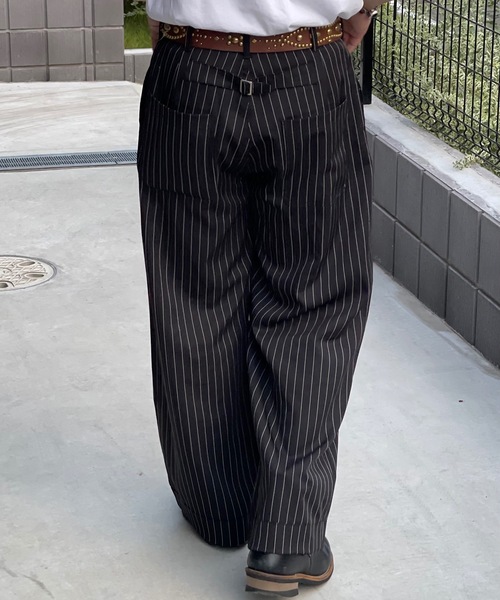 MandO（Auntie Rosa）（エムオー）の「ストライプ&無地ベイカータックパンツ/ワイドストレートパンツ（スラックス・メンズ・ブラウン/ブラック系その他/グレー系その他/ブラック・LARGE/MEDIUM/SMALL）」の8枚目の写真