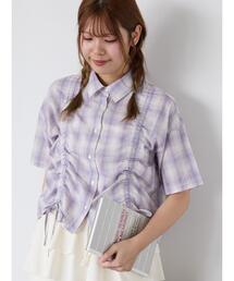 イッセイミヤケ　チェック柄　シアー　トップス　半袖　パープル　ピンク　美品 イッセイミヤケ チェック柄 シアー トップス 半袖 パープル