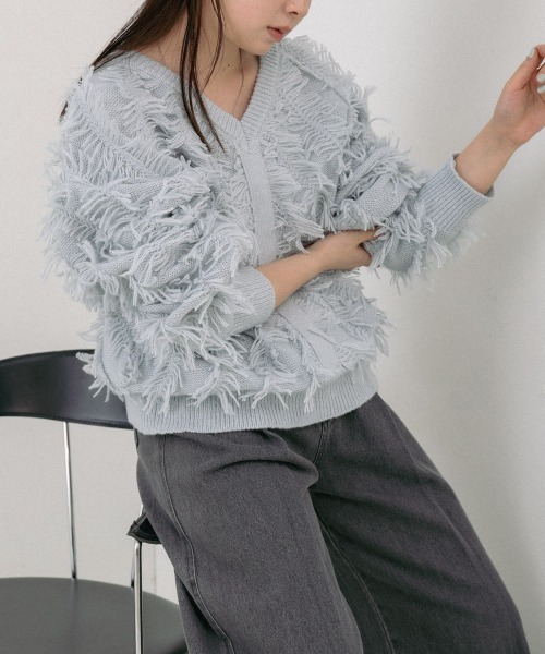 Bab(バブ)の「前後2WAYシャギーニットトップス(ニット/セーター・レディース・グリーン/A/アイボリー/チャコールグレー・FREE)」の3枚目の写真