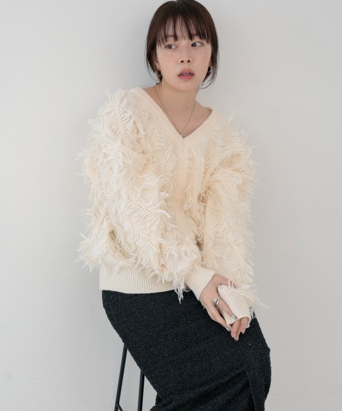 Bab(バブ)の「前後2WAYシャギーニットトップス(ニット/セーター・レディース・グリーン/A/アイボリー/チャコールグレー・FREE)」の15枚目の写真