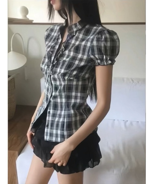 ブラウス シャツ A'GEM/9 × .kom 「.KOM/ドットケーオーエム」 チェックブラウス/ レディース A'GEM/9 × .kom 『.KOM/ドットケーオーエム』 チェック柄