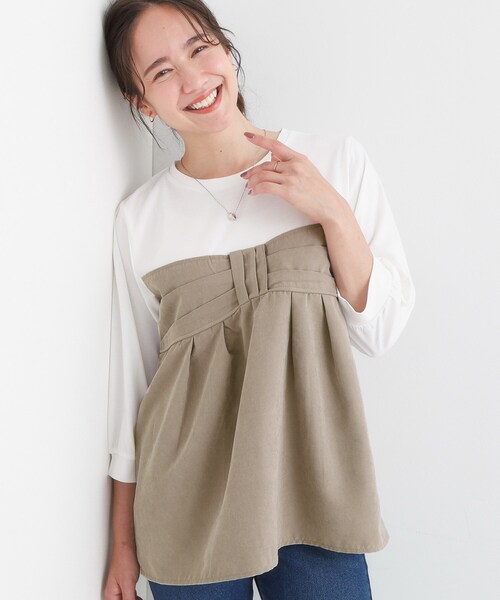 DRESKIP（ドレスキップ）の「気になるウエストもさり気なくカバー リボン風ドッキングトップス（Tシャツ/カットソー・レディース・ブルー系その他6/ベージュ系4/チャコール・04/03/02/01）」の2枚目の写真