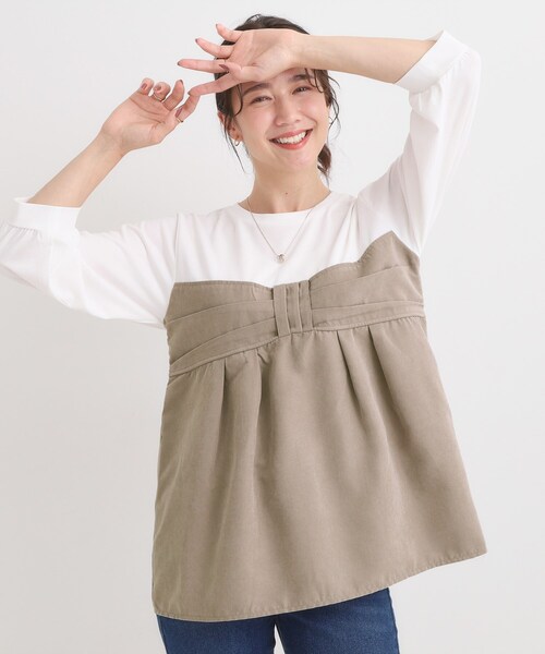 DRESKIP（ドレスキップ）の「気になるウエストもさり気なくカバー リボン風ドッキングトップス（Tシャツ/カットソー・レディース・ブルー系その他6/ベージュ系4/チャコール・04/03/02/01）」の4枚目の写真