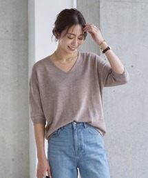 STYLE DELI（スタイルデリ）の「リネン混シアー編み５分袖Vネックニット（ニット/セーター）」
