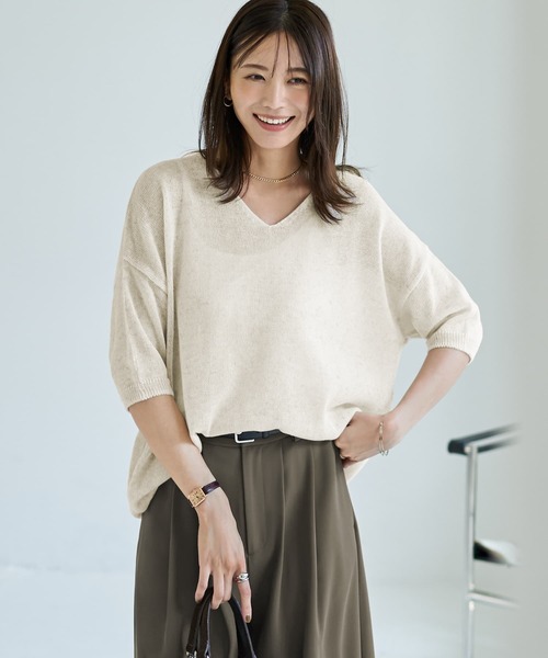 MUSE URBAN Vネック ニット ブラウン リネン混 MUSE URBAN Vネック ニット ブラウン リネン混