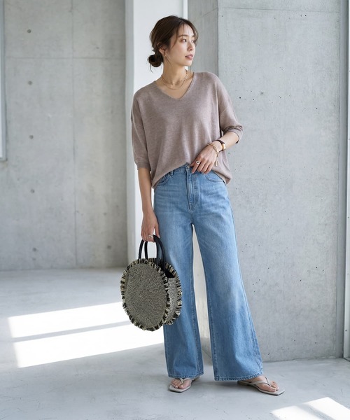 STYLE DELI(スタイルデリ)の「リネン混シアー編み5分袖Vネックニット(ニット/セーター・レディース・モカ/オートミール・FREE)」の3枚目の写真