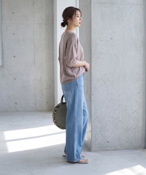 STYLE DELI(スタイルデリ)の「リネン混シアー編み5分袖Vネックニット(ニット/セーター・レディース・モカ/オートミール・FREE)」の6枚目の写真