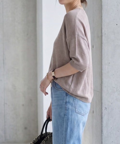 STYLE DELI(スタイルデリ)の「リネン混シアー編み5分袖Vネックニット(ニット/セーター・レディース・モカ/オートミール・FREE)」の7枚目の写真